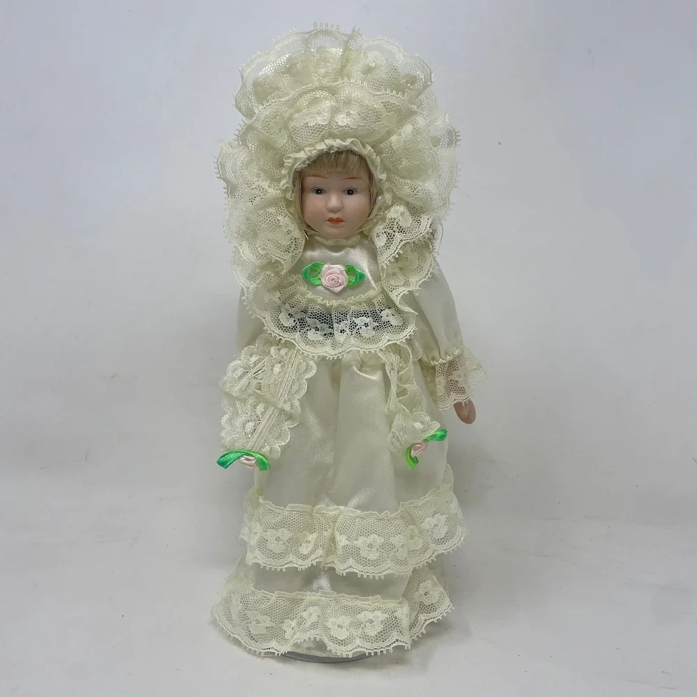 Vintage Porcelain Collector Doll 11.5 Inch Ivory Lace Satin Gown with Stand